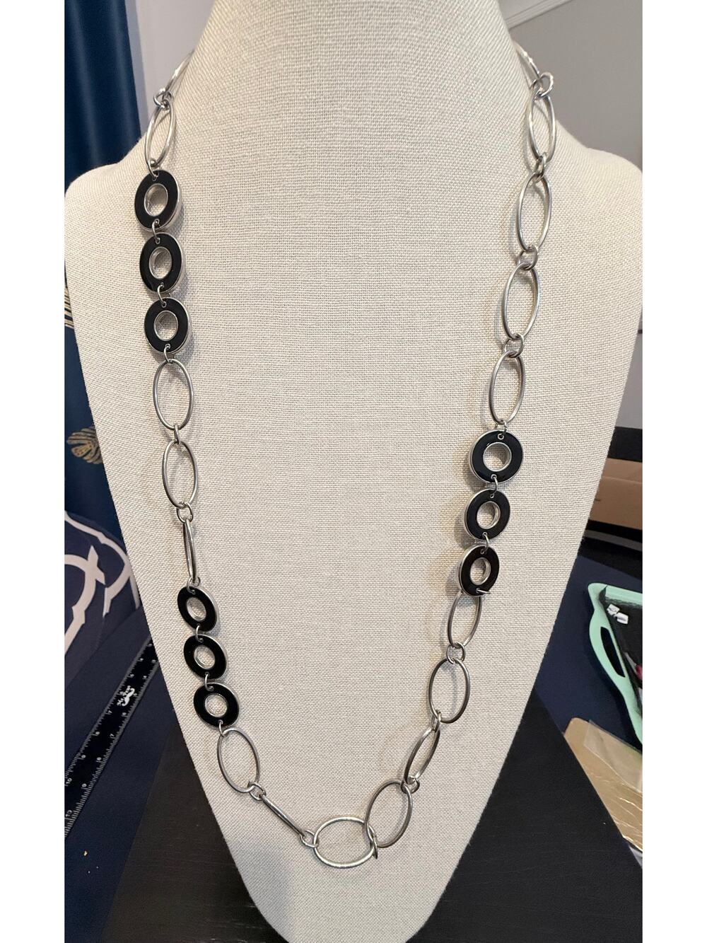 Runway silver tone black enamel link statement necklace 32”